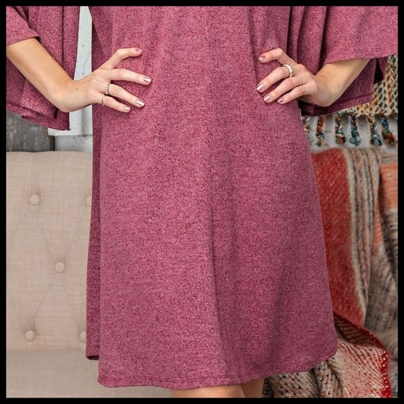 EASEL Hacci Knit Sweater Dress Mandarin Collar V-Neck & Statement Bell Sleeves - Picture 8 of 16